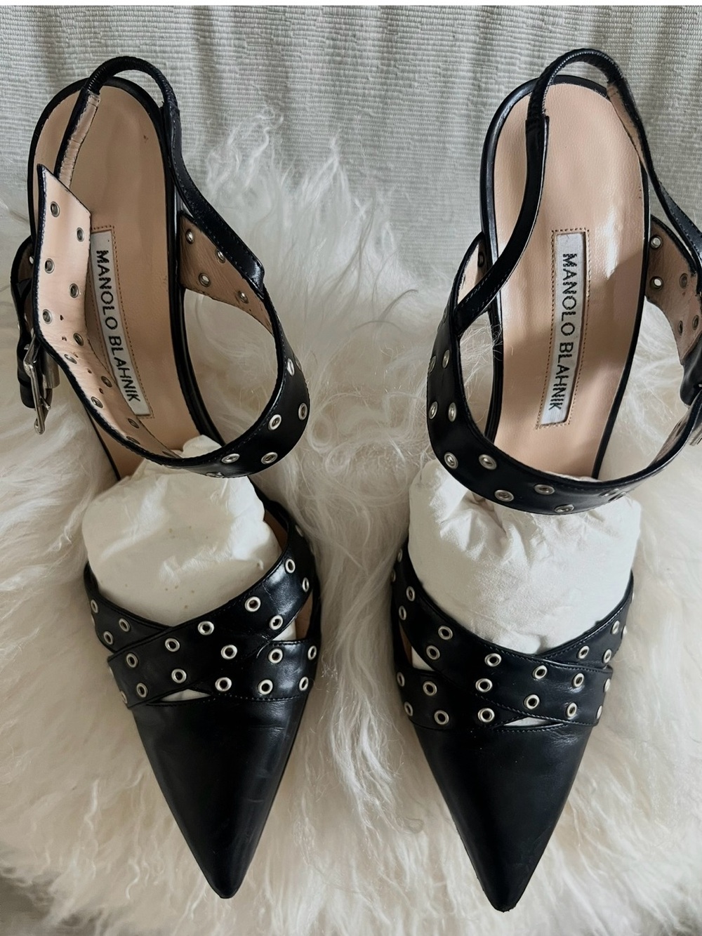 Manolo Blahnik Black Leather Pointed Slingback Heels with Silver Eyelets